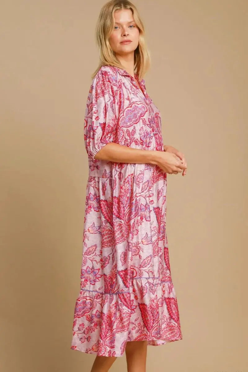 Umgee Full Size Ruffled Hem Floral Paisley Print Dress Plus Size - Love Salve